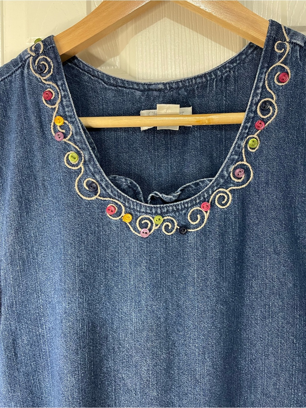 Denim Y2K Vintage Embroidered Colorful Button Jumper Chore Pocket Dress size Med - Picture 2 of 6